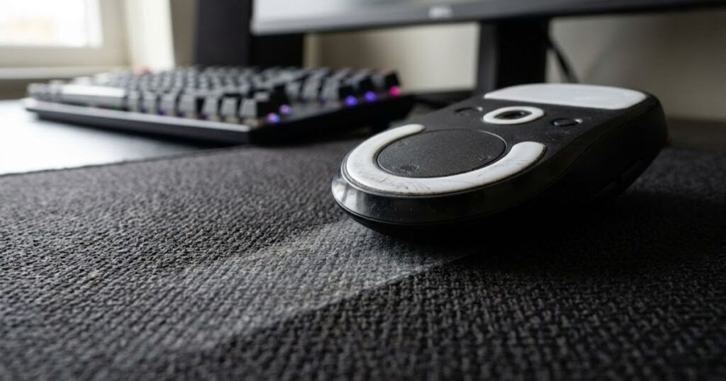 Close-up view of mouse skates touching a textured cloth mouse pad surface