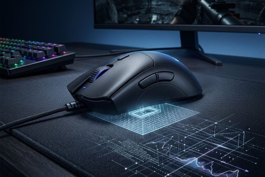 A gaming mouse moving on a cloth mouse pad while an illustration shows the optical sensor reading surface texture underneath.