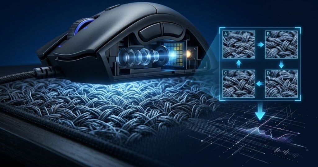 A close-up illustration of an optical mouse sensor scanning the textured surface of a cloth mouse pad.