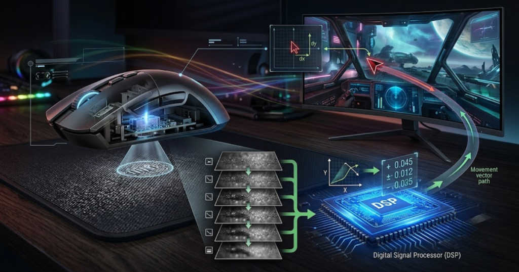 Optical gaming mouse sensor comparing surface images and generating cursor movement coordinates.