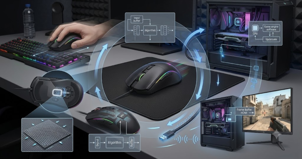 Gaming mouse sensor capturing movement and sending reports through multiple communication stages to a computer