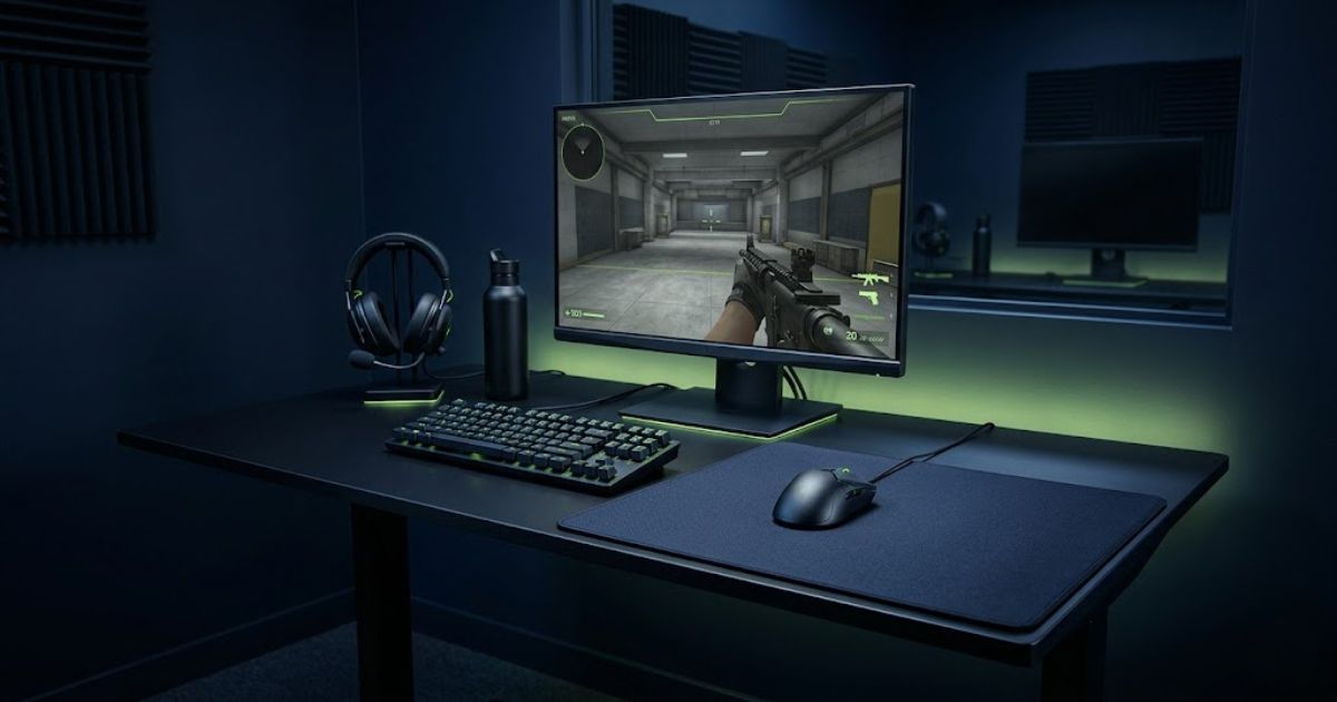 A professional FPS gaming setup with a large mouse pad, lightweight gaming mouse, keyboard, and monitor prepared for competitive practice.