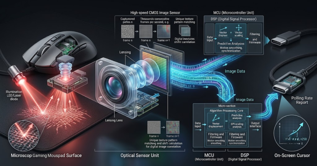 Gaming mouse sensor showing movement data being captured from a mousepad and processed before reaching a computer.