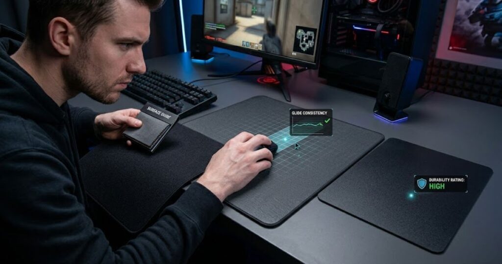 Person comparing several gaming mouse pads and examining their surface materials on a desk