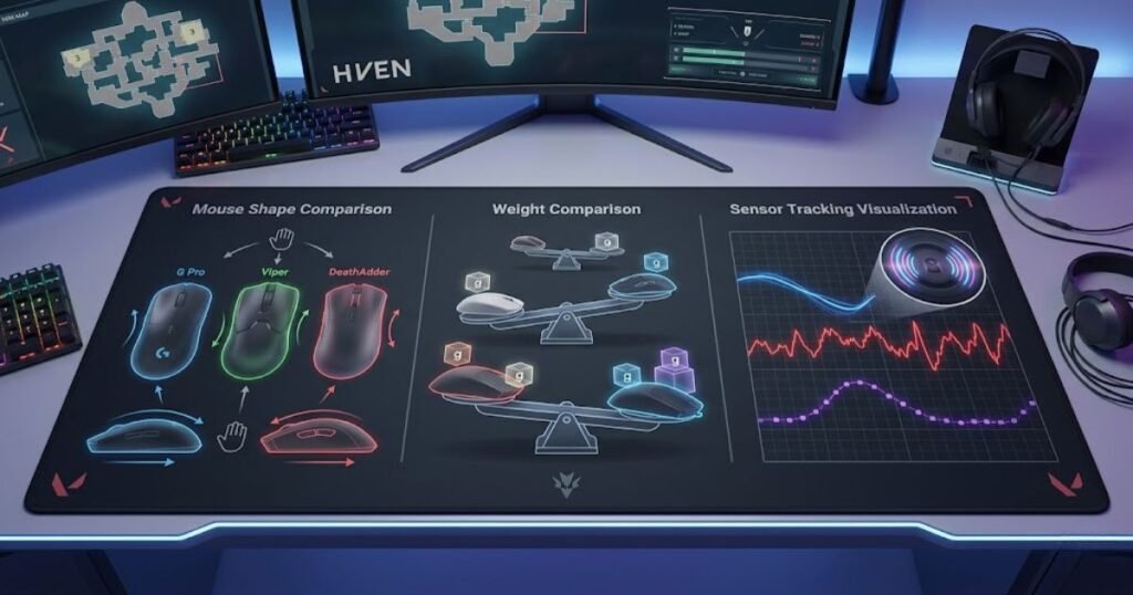 Gaming mice displayed alongside visual comparisons of shape, weight, and sensor performance factors