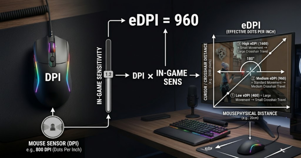 Diagram showing DPI and in-game sensitivity values combining to calculate eDPI for FPS gaming.