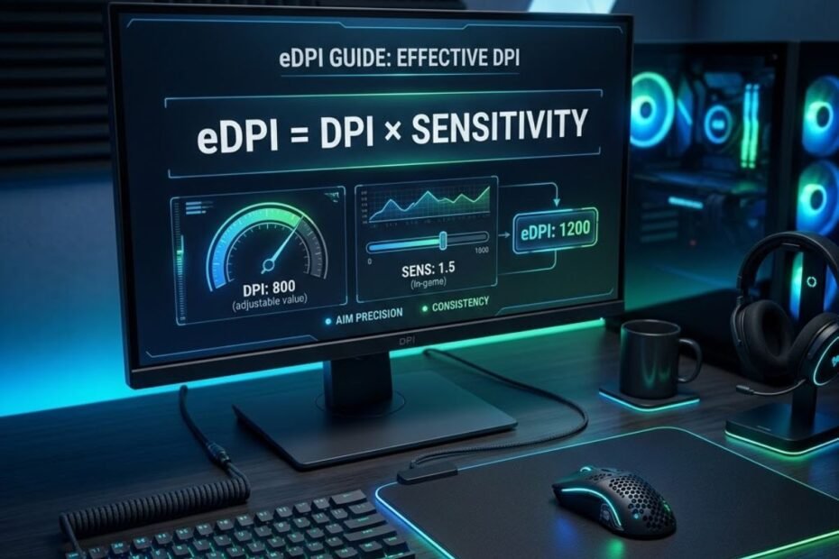 A gaming mouse next to a monitor displaying the eDPI formula and FPS sensitivity settings