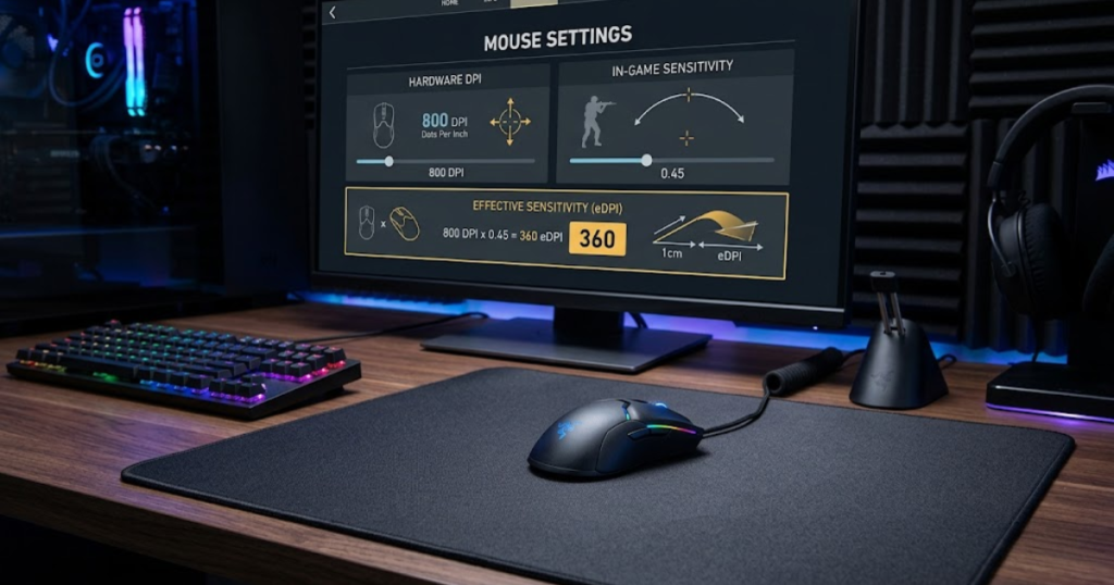 Gaming mouse beside an FPS sensitivity settings screen showing how DPI and in-game sensitivity combine into eDPI.