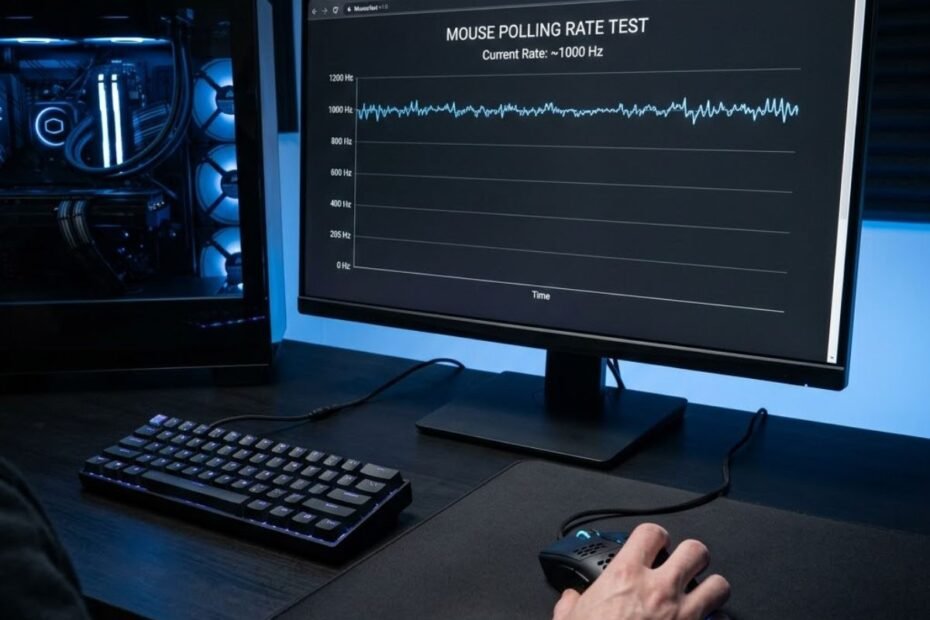 A gaming mouse connected to a desktop computer while an online polling rate tester displays measurement results on a monitor.