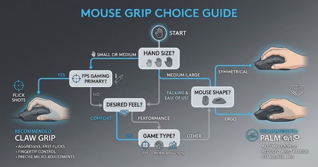 Decision guide illustrating how to choose between claw grip and palm grip based on playstyle and hand size.