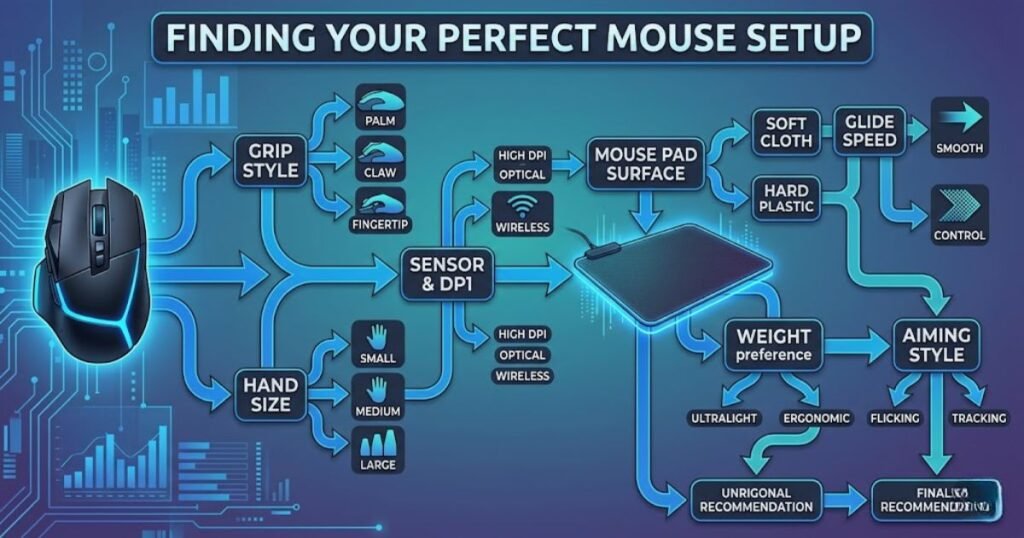 Decision guide showing how mouse pad, glide speed, control, and durability affect gaming mouse skate selection.