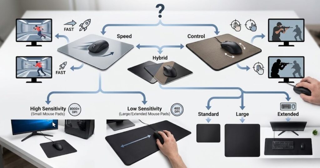 Gaming mouse pad selection process showing different surface types, sizes, and FPS playstyles.