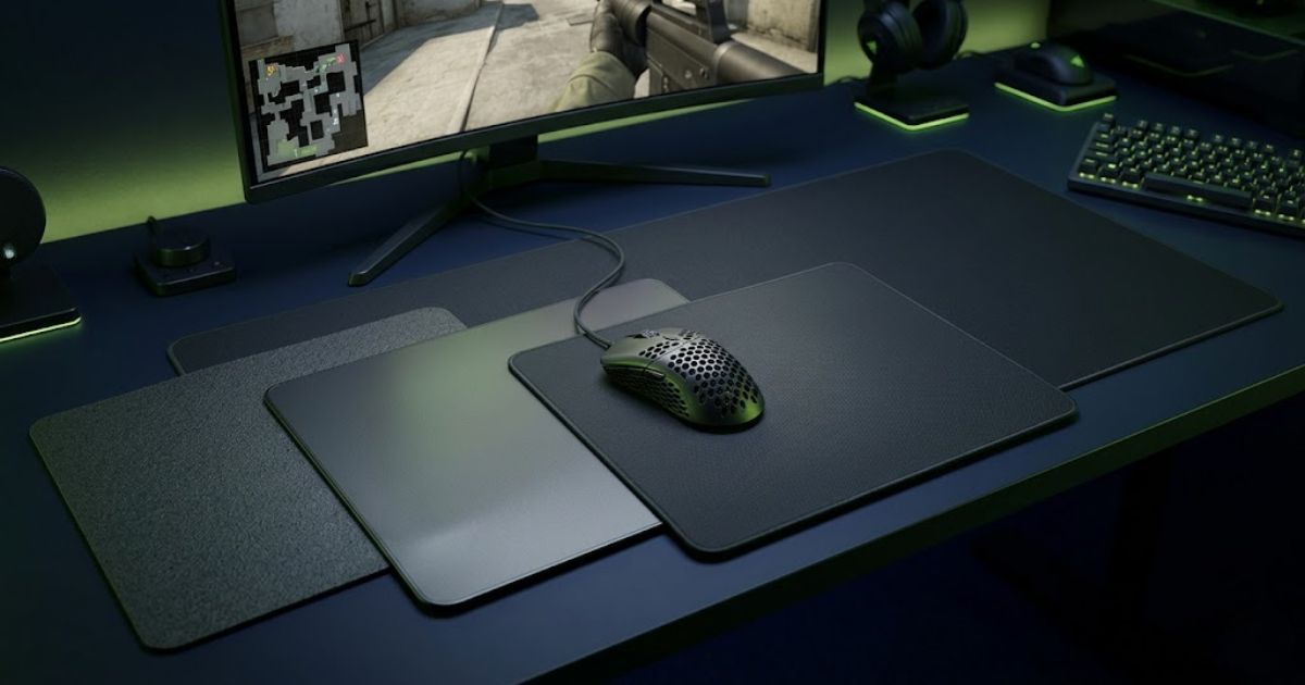 Different gaming mouse pads with varying sizes and surface types arranged on a gaming desk to help FPS players choose the right mouse pad.