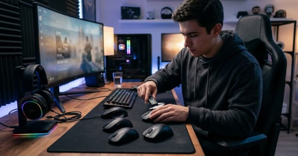 A gamer comparing gaming mice with different widths on a desk before making a selection.