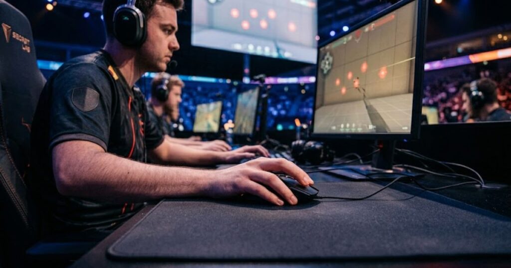 FPS player testing mouse stopping control using a gaming mouse and mouse pad