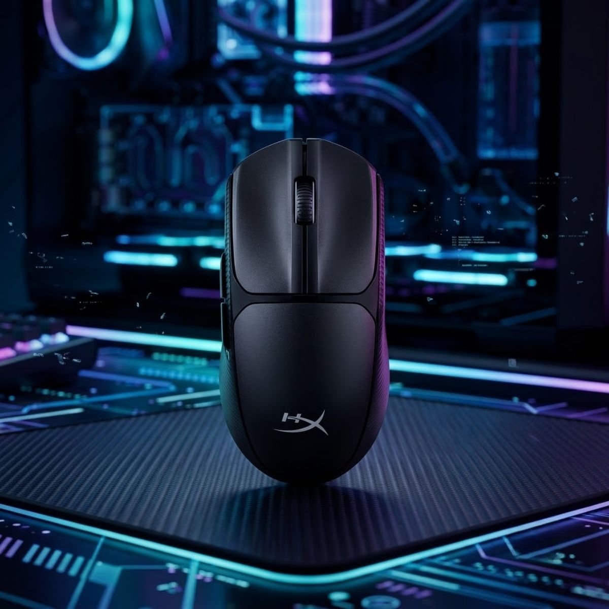 Black HyperX Pulsefire Fuse gaming mouse displayed on a clean product background for competitive FPS gaming.