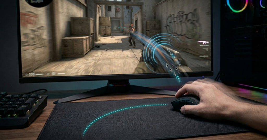 FPS player performing a fast flick movement while a gaming mouse sensor tracks rapid motion.