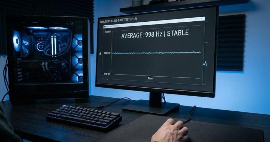 A clean gaming desk with a gaming mouse connected directly to a desktop computer for accurate polling rate testing.