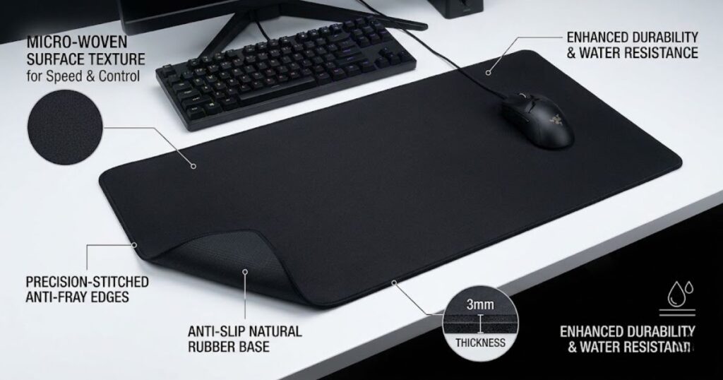 Gaming mouse pad showing stitched edges, textured surface, rubber base, and thickness details