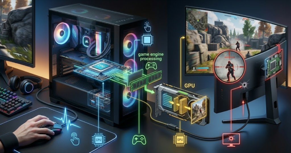 A gaming mouse click traveling through a computer system, game engine, graphics card, and monitor before appearing on screen
