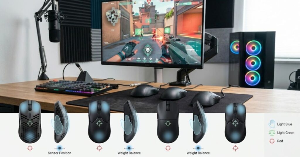 Gaming mouse displayed from multiple angles to illustrate shape, balance, grip contact points, and sensor placement.