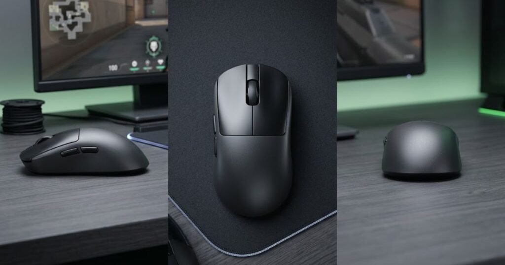 Gaming mouse showing width, hump position, side curvature, and button height from multiple viewing angles