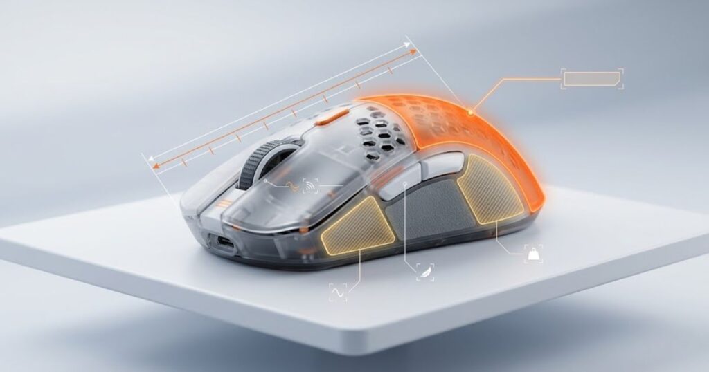 Gaming mouse diagram showing rear hump position, shell length, grip width, and side contour areas