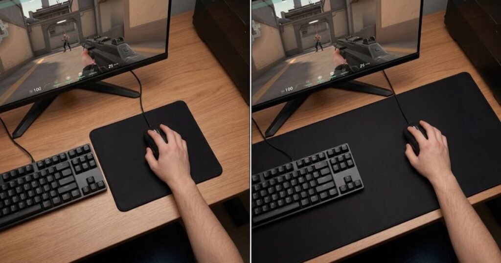 A comparison showing a gaming mouse reaching the edge of a small mouse pad and having more space on a large mouse pad.