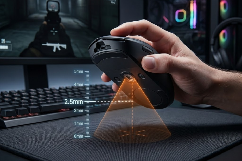 A gaming mouse slightly lifted above a mouse pad while a sensor tracking distance indicator shows the lift off distance measurement