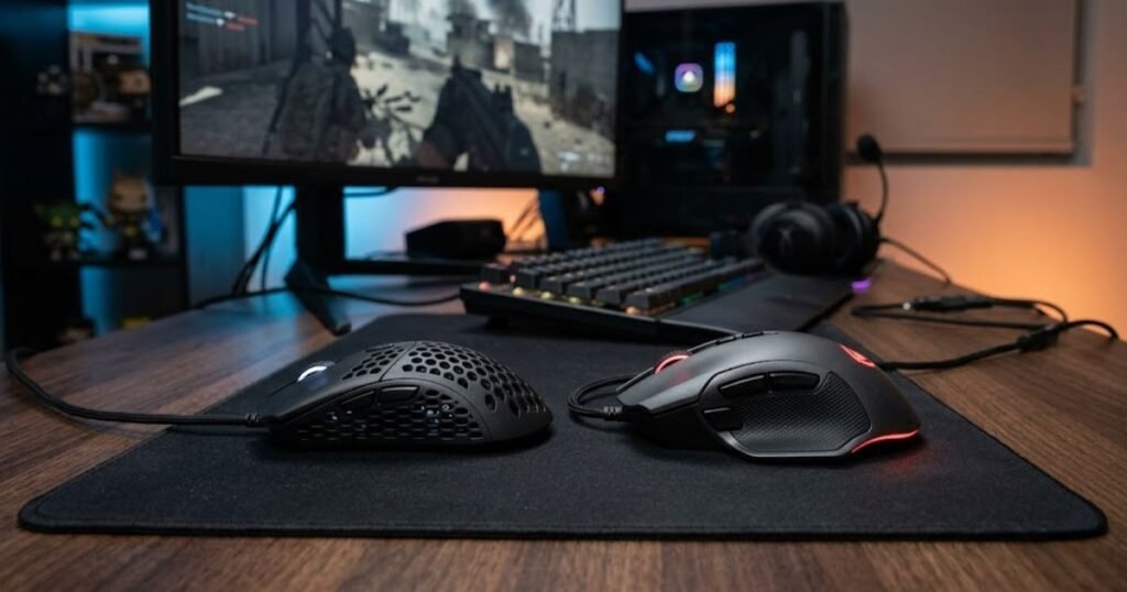 Two gaming mice placed side by side on a desk, showing a lightweight mouse next to a larger traditional gaming mouse