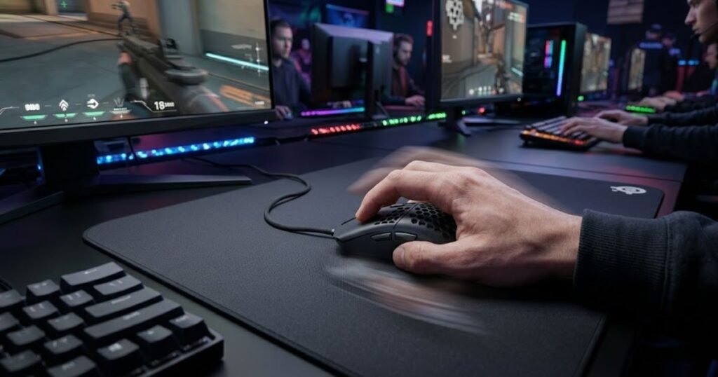 A player's hand moving a lightweight gaming mouse across a large mouse pad while playing an FPS game