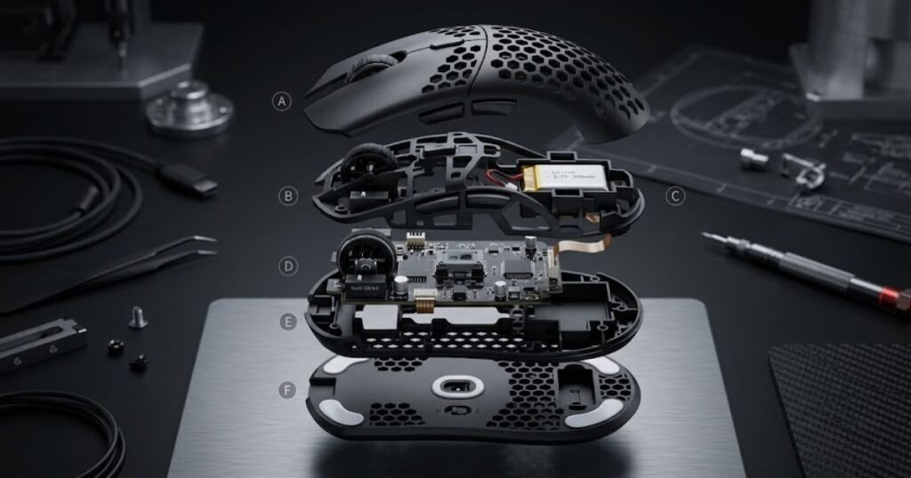An exploded view showing the shell, battery, internal frame, and electronic components of a gaming mouse