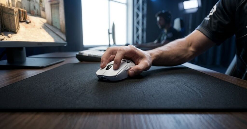 Lightweight wireless gaming mouse being moved across a large gaming mouse pad