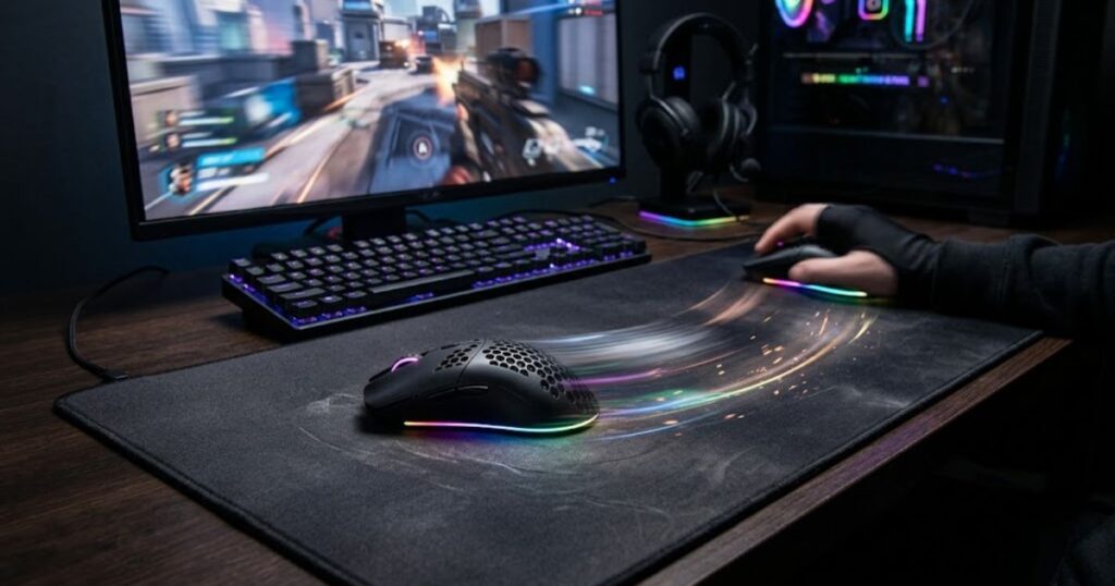 Lightweight gaming mouse gliding across a large gaming mouse pad during an FPS gaming session.