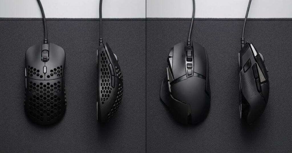 Two gaming mice with different weight categories displayed side by side on a desk