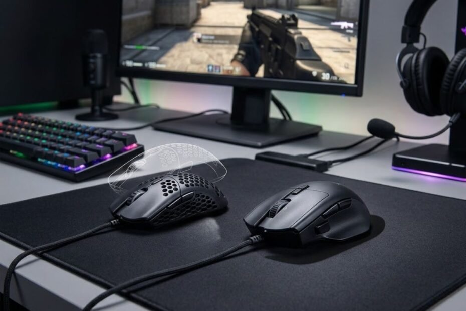 A lightweight gaming mouse and a heavy gaming mouse placed side by side on a gaming mouse pad at an FPS gaming setup