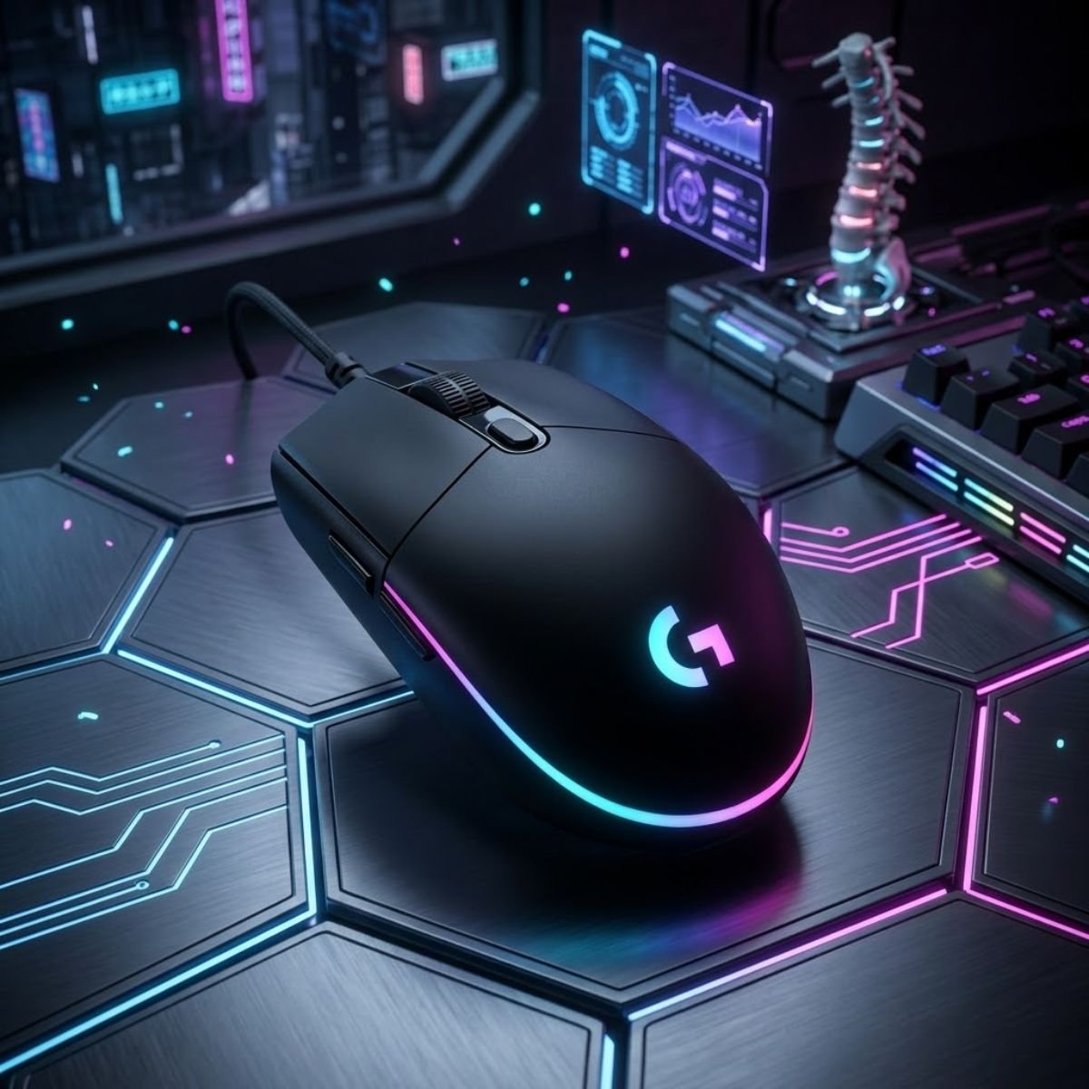 Black Logitech G203 LIGHTSYNC wired gaming mouse displayed on a clean white background for FPS gaming.