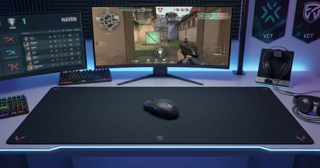 Wireless gaming mouse positioned on a mouse pad in a competitive FPS gaming setup