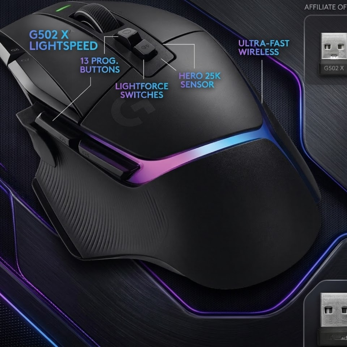 Black Logitech G502 X Plus wireless gaming mouse suitable for large-hand palm grip FPS players.