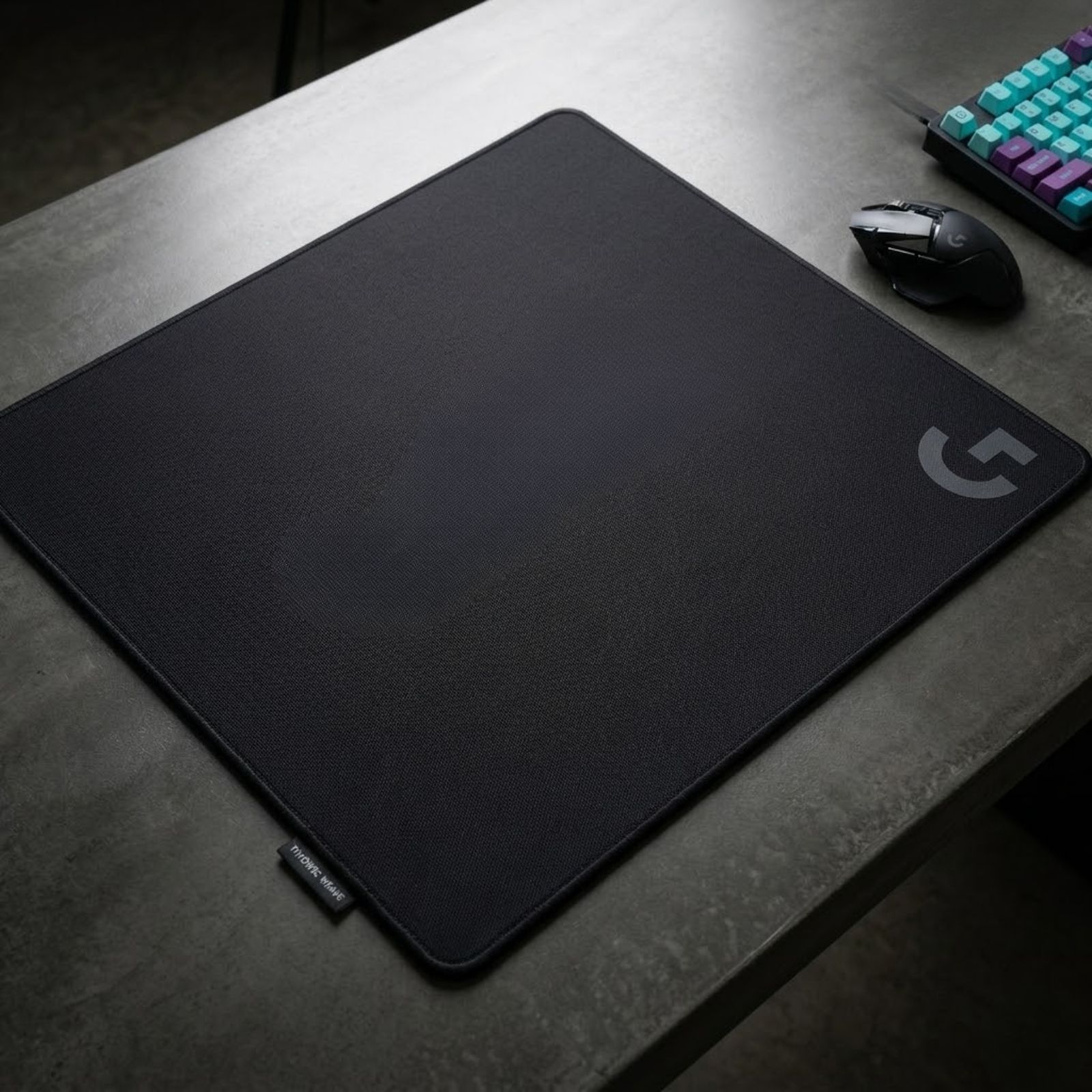 A black Logitech G640 cloth gaming mouse pad on a gaming desk with a lightweight gaming mouse resting on the surface.