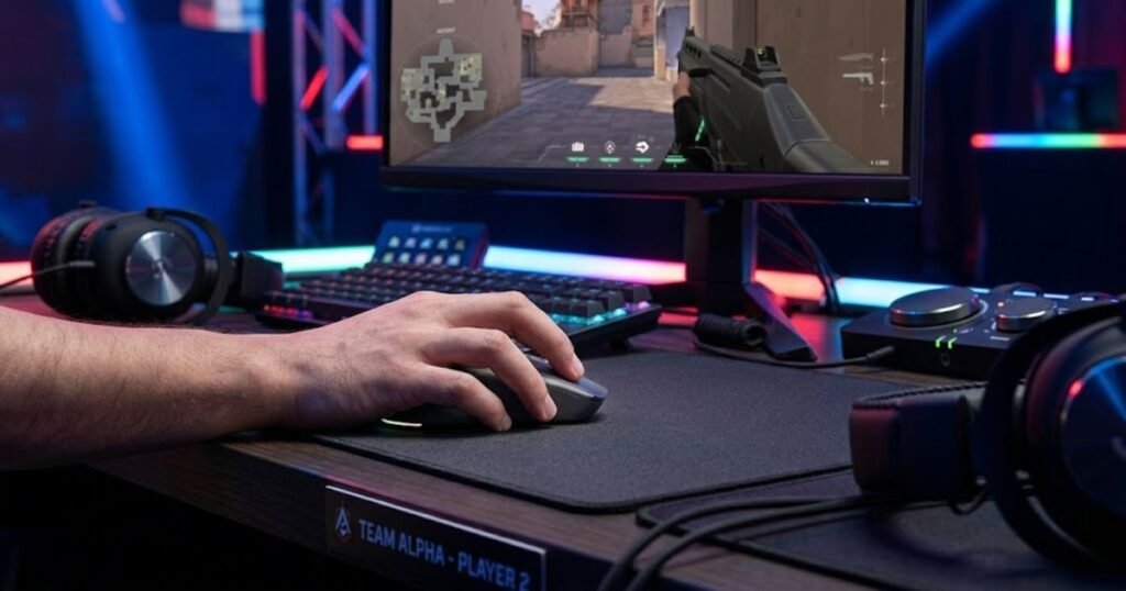 An FPS player using a low hump gaming mouse with minimal palm contact and increased finger mobility