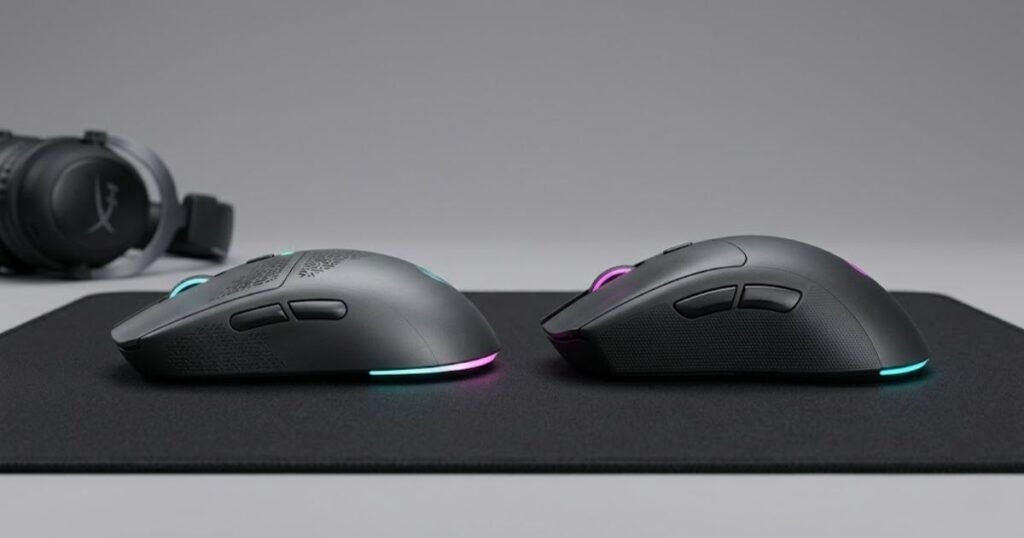 Two gaming mice shown from the side, one with a low hump profile and one with a high hump profile to illustrate shape differences
