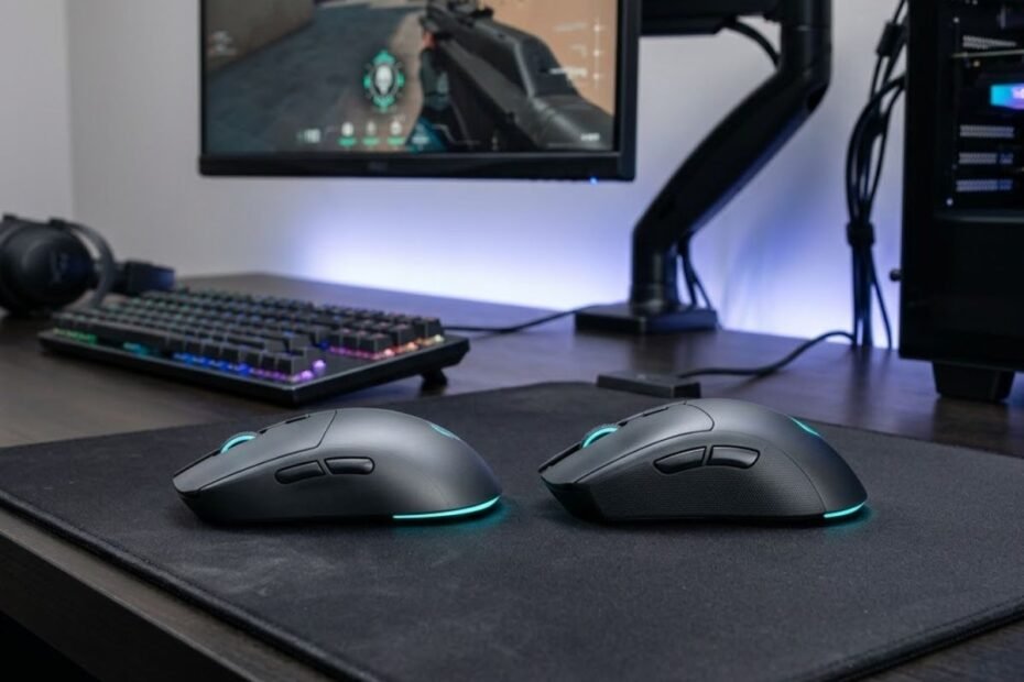 A low hump gaming mouse and a high hump gaming mouse displayed side by side on a gaming mouse pad for FPS gaming comparison