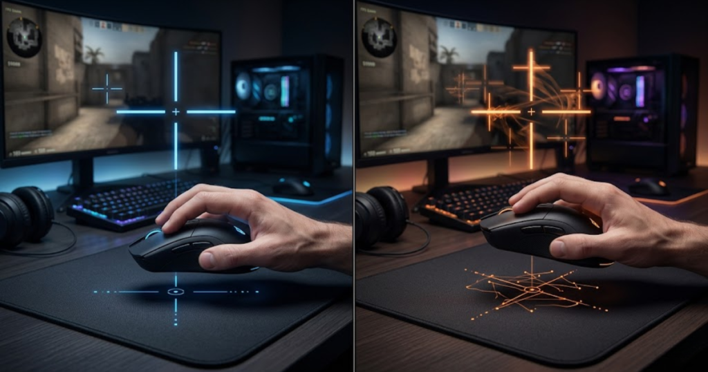 Two gaming mice being lifted from mouse pads showing different lift off distance behaviors