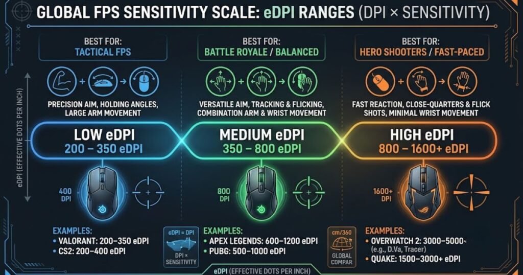 A chart showing low, medium, and high eDPI sensitivity ranges for FPS gaming