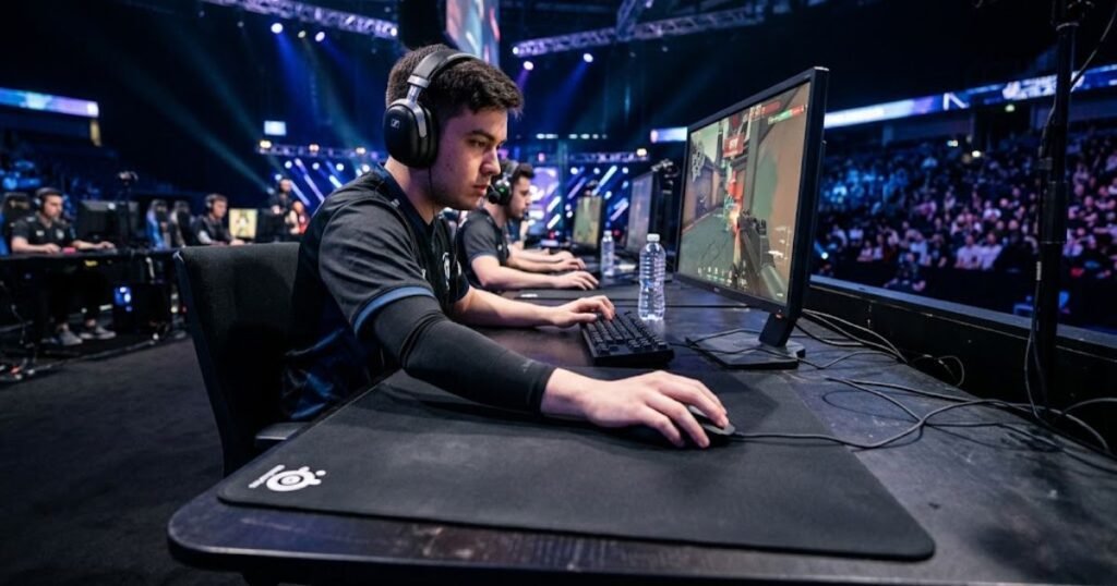 A player using a lightweight gaming mouse on a large mouse pad while making wide arm movements.