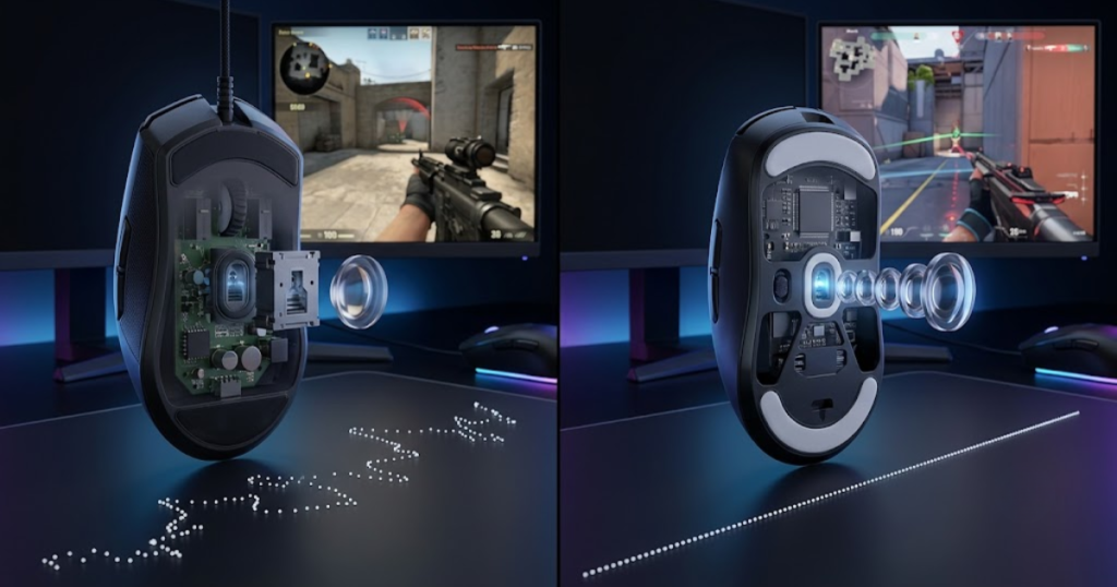 Comparison between an older gaming mouse sensor and a modern gaming mouse sensor with improved tracking technology.