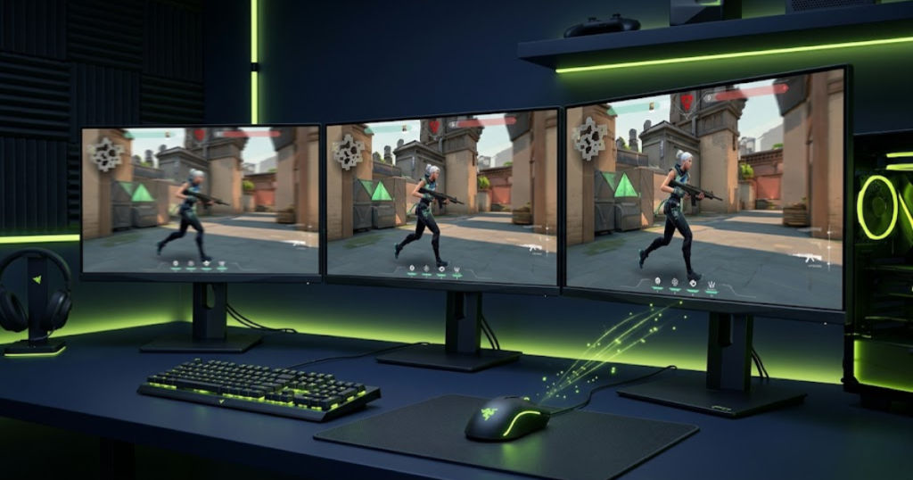 Three esports monitors in a gaming setup with a mouse in the foreground, showing different levels of motion clarity for polling rate comparison.