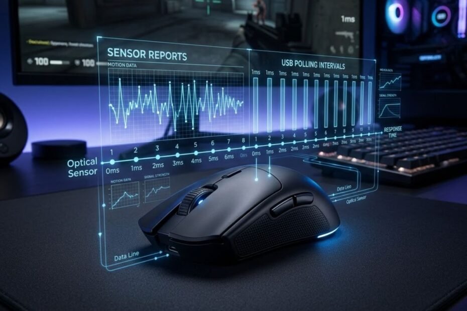 A modern wireless gaming mouse next to a visual diagram showing synchronized sensor reports and USB polling intervals on a desktop gaming setup.