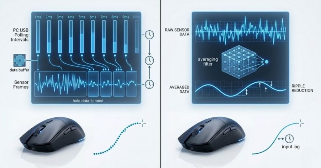 Two gaming mouse sensor diagrams comparing synchronized report timing on one side and processed movement data on the other.